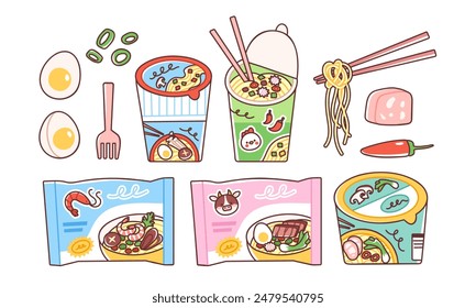 Instant ramen set. Vector illustration of Asian noodles packaging with eggs, green onion, spam and chili pepper that one can add to the dish. Instant noodles packages and cups in cute flat style.