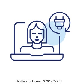 Instant remote connection, rapid virtual collaboration, seamless digital briefing. Woman on laptop call and plug in renew arrow. Pixel perfect, editable stroke vector icon
