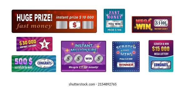 Instant scratching lottery winner tickets with cash award set. Lucky gamble coupons for rich wealth chance. Victory cards with numbers money win. Succeed creative vouchers for luck reward flat vector