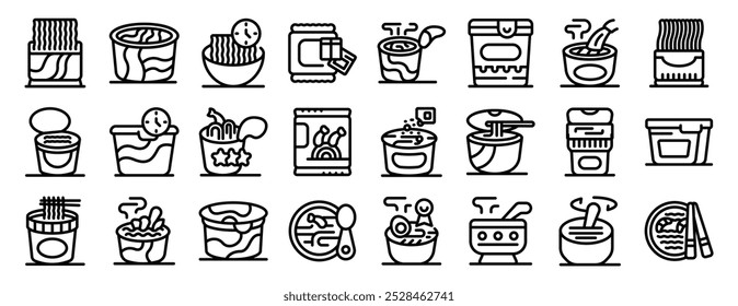 Instant soup icons set. Collection of various line icons representing instant noodles, a popular fast food option, packaged in cups, bowls, and bags, ready to be prepared