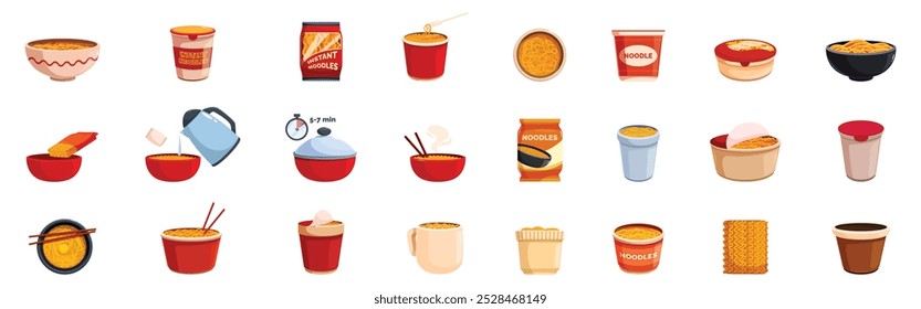 Conjunto de iconos de sopa instantánea. Colección de diferentes Imágenes que representan cocinar y comer fideos instantáneos