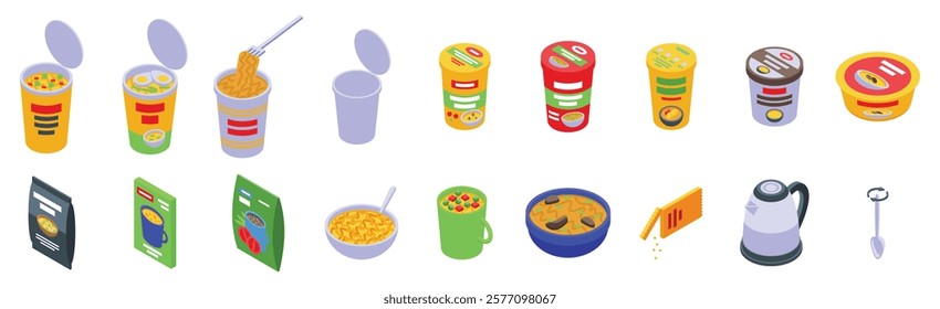  Instant soup icons set. Isometric icons representing different stages of preparing and consuming instant noodles and soups, showcasing packaging, cooking, and serving