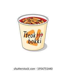Instant takeaway cup with tteokbokki brewed in it on isolated white background. Red pot with hot and spicy Korean food in seasoned sauce. Drawn in flat cartoon style vector illustration for menus