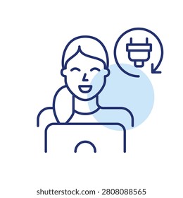 Instant workflow acceleration, rapid remote productivity, seamless digital transformation. Woman working or studying at laptop. Pixel perfect, editable stroke vector icon