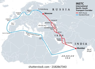 INSTC, International North–South Transport Corridor, political map. Network for moving freight, with Moscow as north end and Mumbai as south end, replacing the standard route across Mediterranean Sea. svg