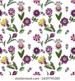 Instead of a realistic depiction of flowers, they are presented in stylized, fantasy shapes, leaves, and abstract dots or lines that imitate seeds or pollen. 