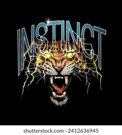 instinct slogan with roaring leopard head and lighning hand drawn vector illustration on black background