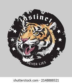 instinct slogan with roaring tiger head on grunge circle background vector illustration