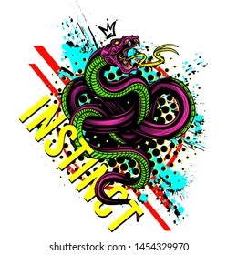 "Instinct" - snake poster design. Vector hand drawn illustration of snake in engraving technique halftone and paint splashes on white background. Modern fashionable tee shirt print or label design.