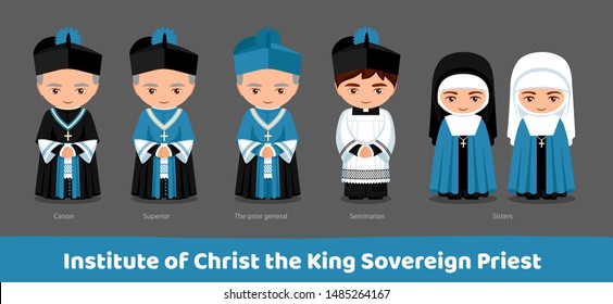 Institute of Christ the King Sovereign Priest. Canon, superior, the prior general, seminarian, sisters. Cartoon characters. Men and women. Vector flat illustration.