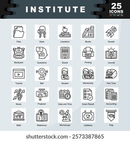 Institute icon collection set. Containing Student, Tutorial, Journal,Books, Accounting, Microscope, Projector,Desk icon. Simple line vector