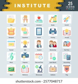 Institute icon set with Mentorship, Tutorial, Journal, Student, Microscope, Literation, Files, Math, Flag, Printing icon. Simple flat vector