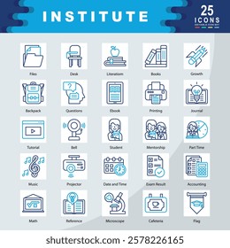 Institute icon set with Mentorship, Tutorial, Journal, Student, Microscope, Literation, Files, Math, Flag, Printing icon. Simple vector illustration