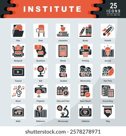 Institute icon set with Mentorship, Tutorial, Journal, Student, Microscope, Literation, Files, Math, Flag, Printing icon. Simple vector illustration