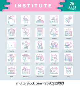 Institute icon set with Mentorship, Tutorial, Journal, Student, Microscope, Literation, Files, Math, Flag, Printing icon. Simple gradient vector illustration