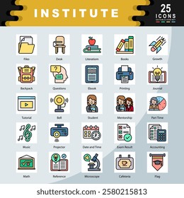 Institute icon set with Mentorship, Tutorial, Journal, Student, Microscope, Literation, Files, Math, Flag, Printing icon. Simple flat line vector