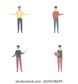 Os ícones dos professores definem o vetor dos desenhos animados. Professor masculino conduzindo aula. Educação, formação