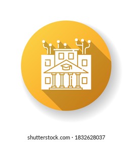 Icono de glifo de sombra larga de diseño amarillo de tecnología. Facultad profesional de TI, educación superior. Academia de programación de computadoras, cursos de codificación. Ilustración de color RGB de silueta