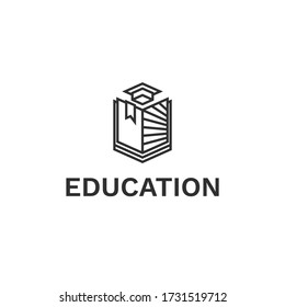 Institute Or University Logo With Shield, Academic Cap And Light From Opened Book. Online Education, Learning, Study, Knowledge Icon. School, College, Courses, Academy Logo.