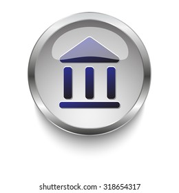 Institution dark blue vector icon on a glossy glass button with chrome on white background