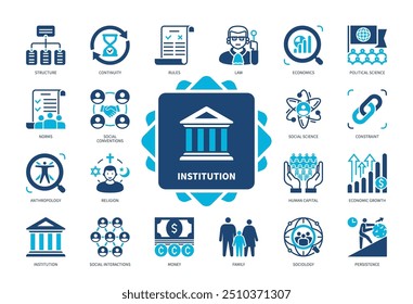 Conjunto de ícones da instituição. Regras, estrutura, economia, normas, família, religião, convenções sociais, sociologia. Ícones sólidos de cor duotônica