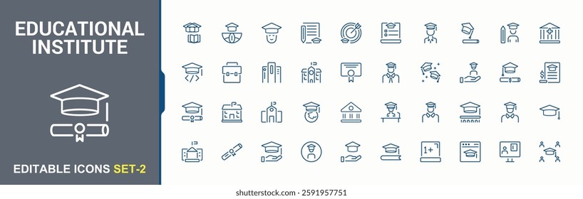 Institution linear icon collection. Pack of graduation, cap, diploma, knowledge, graduate, professor, academic institution. Isolated icon. Minimal icon pack.
