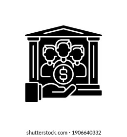 Institutional donor black glyph icon. Government organizations that give grants to companies and sometimes individuals. Silhouette symbol on white space. Vector isolated illustration