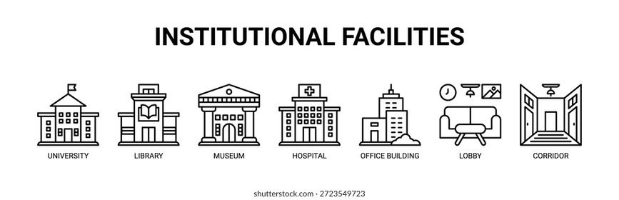 Institucional Instalações web banner ícone vetor ilustração conceito para edifícios de serviço público com ícones de universidade, biblioteca, museu, hospital, edifício de escritórios, lobby e corredor.