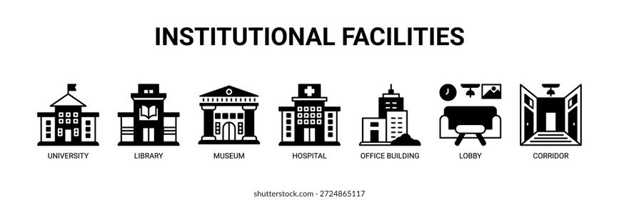 Institucional Instalações web banner ícone vetor ilustração conceito para edifícios de serviço público com ícones de universidade, biblioteca, museu, hospital, edifício de escritórios, lobby, corredor.