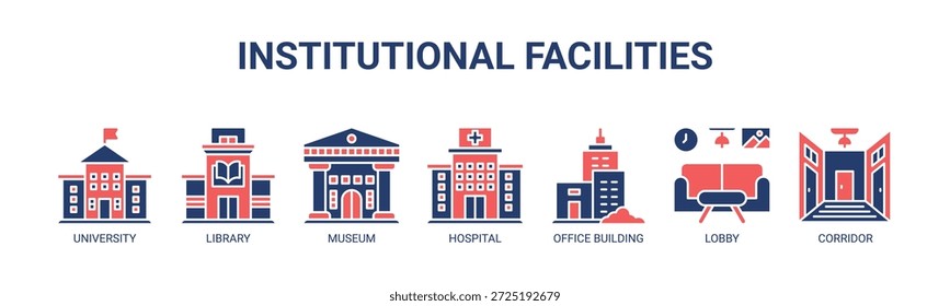 Institucional Instalações web banner ícone vetor ilustração conceito para edifícios de serviço público com ícones de universidade, biblioteca, museu, hospital, edifício de escritórios, lobby, corredor.