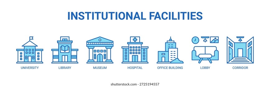 Institucional Instalações web banner ícone vetor ilustração conceito para edifícios de serviço público com ícones de universidade, biblioteca, museu, hospital, edifício de escritórios, lobby, corredor.