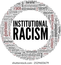 Racismo institucional palavra nuvem design conceitual isolado no fundo branco.