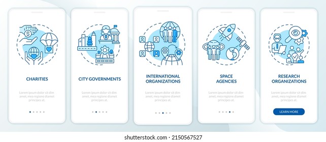 Instituciones ejemplos de pantalla azul de aplicación móvil de embarque. Recorrido de organizaciones 5 pasos de páginas de instrucciones gráficas con conceptos lineales. UI, UX, plantilla GUI. Multitud de tipos de letra Pro-Bold, con uso regular