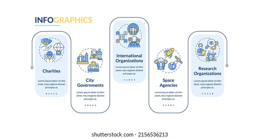 Institutions examples rectangle infographic template. Organizations. Data visualization with 5 steps. Process timeline info chart. Workflow layout with line icons. Lato-Bold, Regular fonts used