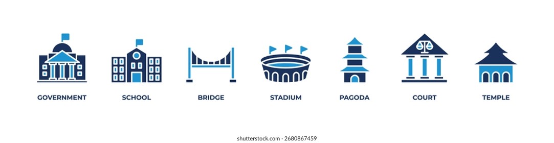 Los iconos de la red de instituciones y Lugares famosos establecen la Ilustración vectorial con el gobierno, la escuela, el puente, el estadio, la pagoda, la corte, el templo