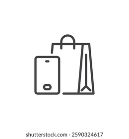 In-Store Pickup line icon. linear style sign for mobile concept and web design. Shopping bag with a phone outline vector icon. Symbol, logo illustration. Vector graphics