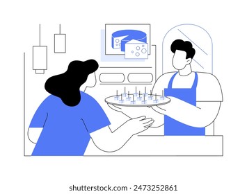 Ilustraciones vectoriales de dibujos animados aisladas de degustación en tiendas. El vendedor de la tienda de comestibles ofrece piezas Pequeñas de queso, degustación de comida especializada, promoción del supermercado, caricatura inteligente del Vector de compras.