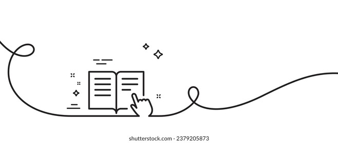 Instruction Book line icon. Continuous one line with curl. Education with hand pointer symbol. E-learning sign. Read instruction single outline ribbon. Loop curve pattern. Vector