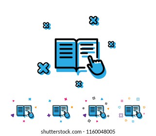 Instruction Book line icon. Education with hand pointer symbol. E-learning sign. Line icon with geometric elements. Bright colourful design. Vector