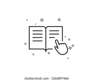 Instruction Book line icon. Education with hand pointer symbol. E-learning sign. Geometric shapes. Random cross elements. Linear Read instruction icon design. Vector
