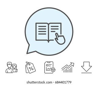 Instruction Book line icon. Education with hand pointer symbol. E-learning sign. Report, Sale Coupons and Chart line signs. Download, Group icons. Editable stroke. Vector