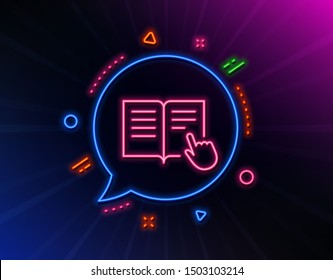 Instruction Book line icon. Neon laser lights. Education with hand pointer symbol. E-learning sign. Glow laser speech bubble. Neon lights chat bubble. Banner badge with read instruction icon. Vector