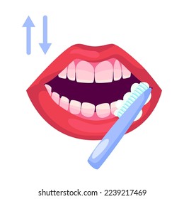 Instrucción para pinchar la ilustración de dibujos animados de dientes. Afiche con esquema paso a paso de limpieza oral adecuada con pasta dental en cepillo de dientes y vaso de agua. Atención de salud