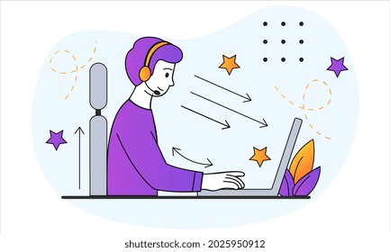 Instruction for correct pose concept. Man sitting at laptop with correct even posture. Attention to health of spine during work. Cartoon doodle flat vector illustration isolated on white background
