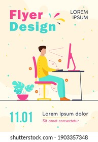 Instruction for correct pose during office work flat vector illustration. Cartoon worker sitting at desk with right posture for healthy back and looking at computer. Health and ergonomics concept