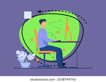 Instruction for correct pose during office work flat vector illustration. Cartoon worker sitting at desk with right posture for healthy back and looking at computer. Health and ergonomics concept