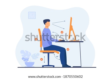 Instruction for correct pose during office work flat vector illustration. Cartoon worker sitting at desk with right posture for healthy back and looking at computer. Health and ergonomics concept