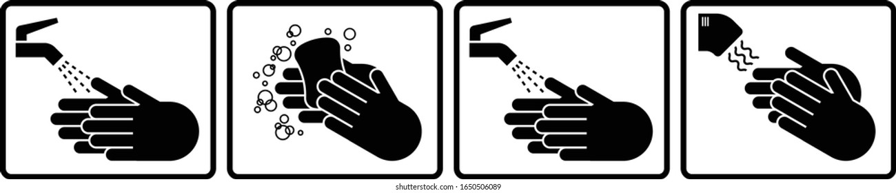 Instruction diagram: 4 hand washing steps with a bar of soap.