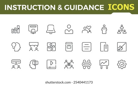 Instruction and guidance line icons set. Contains related to improvement, knowledge, certification, training, learning, career and more. Minimalist thin linear icon. Vector icons editable stroke.