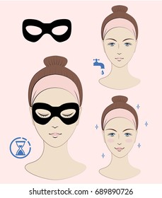Instruction: How to apply anti wrinkles eye mask. Skincare. Vector isolated illustration.